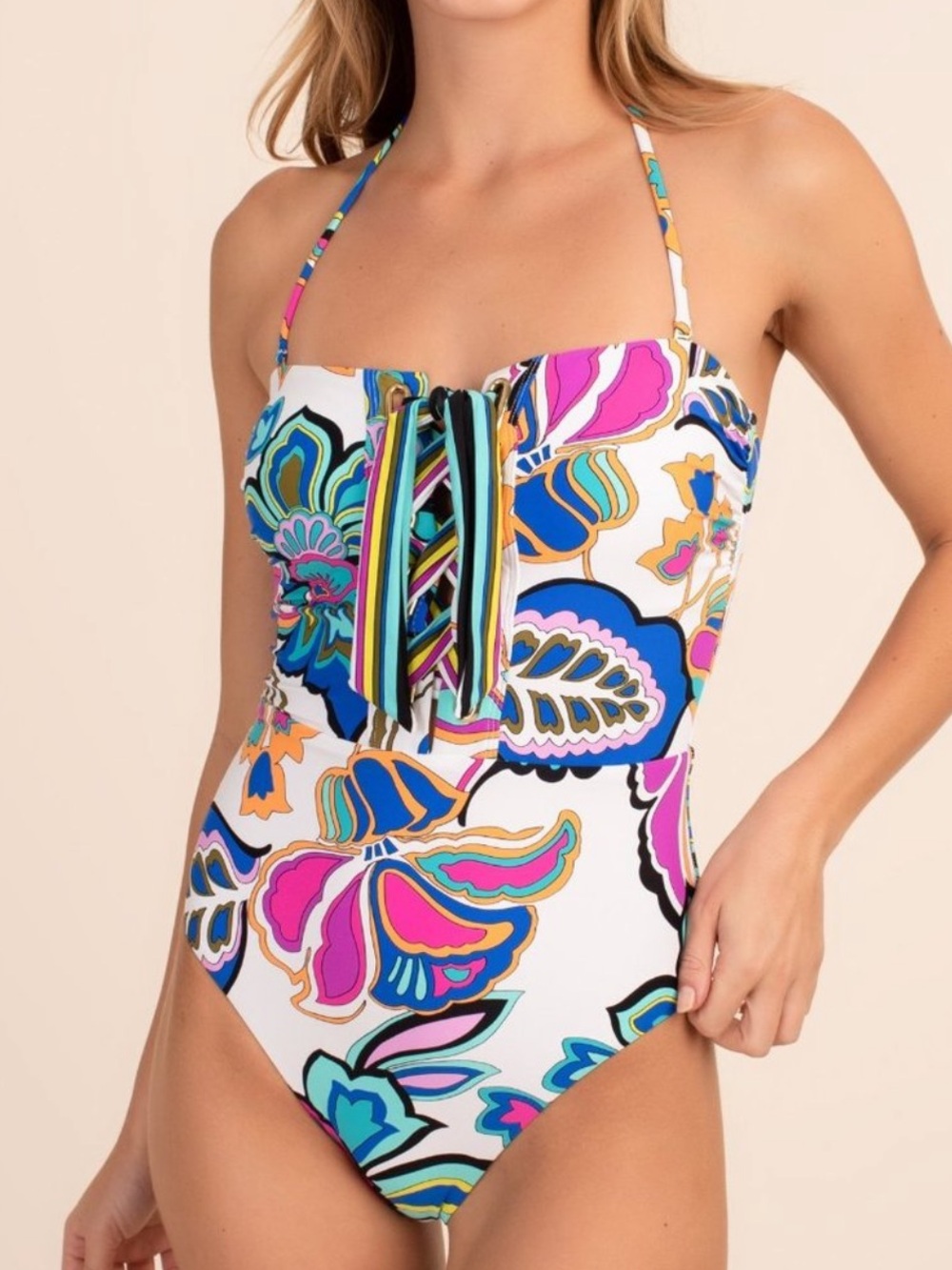 Trina Turk Mandalay Floral Bandeau Lace Up One Piece Swimsuit